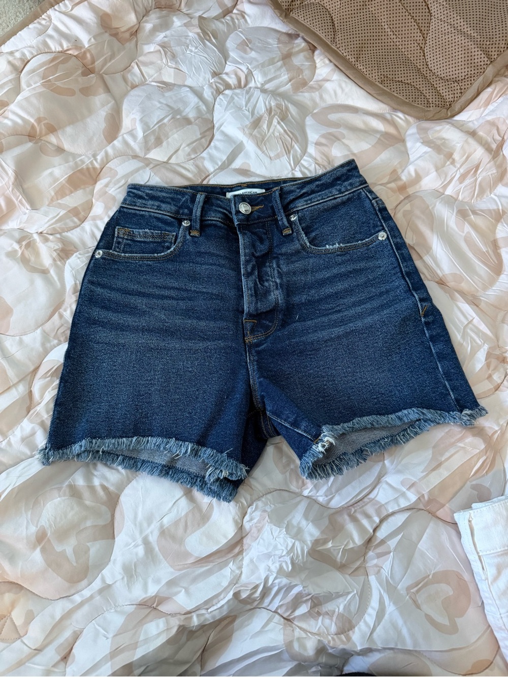 Good American Dark Blue Frayed Hem Denim Shorts